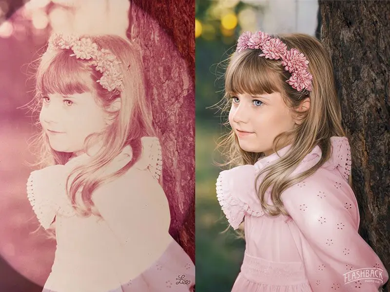 before and after restoration of a photo of little girl